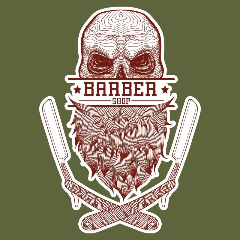 A skull with a beard, framed by razor blades.