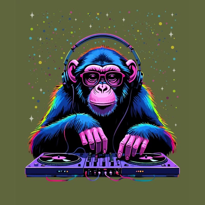 Bunter DJ-Affe mit Kopfhörern und Brille