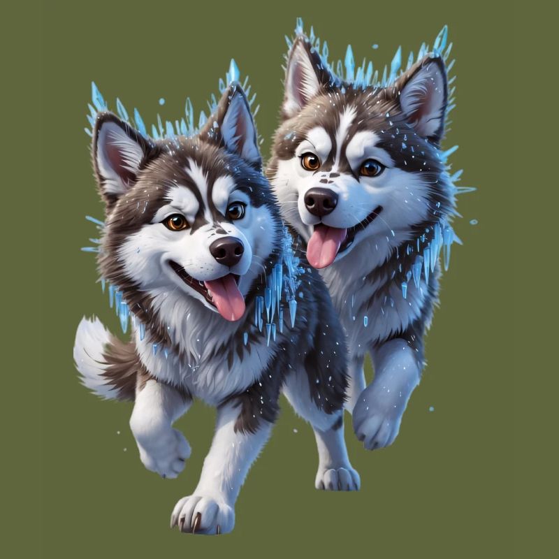 Two huskies with snow and icicles