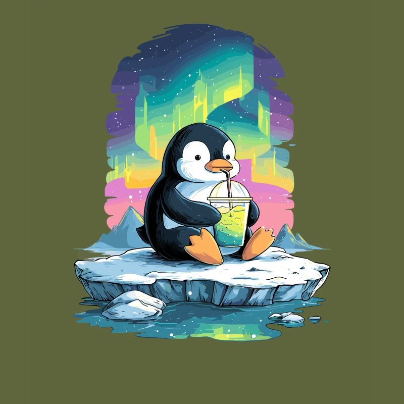 Pinguin am Eis mit Neon-Aurora