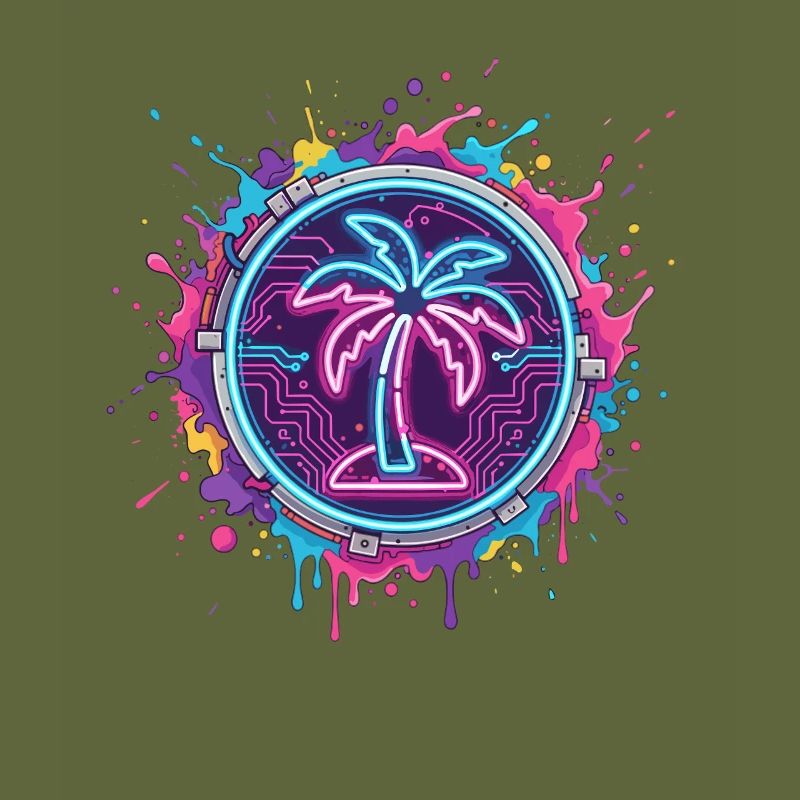 Neon palm tree in cyber circle