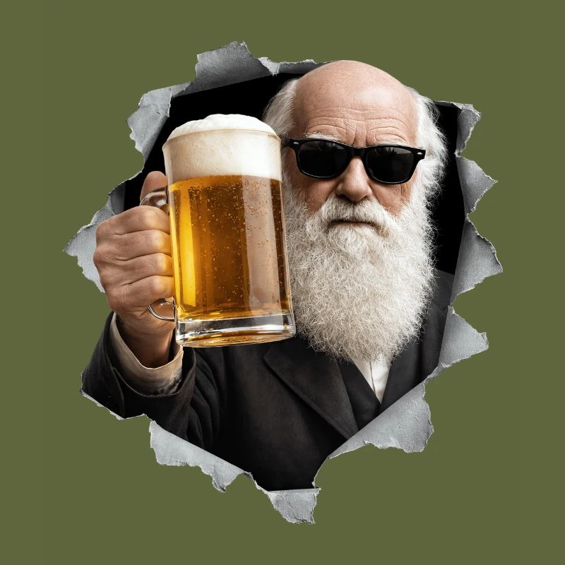 Charles Darwin hält ein Bier