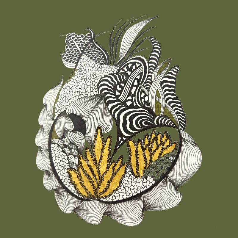 Black and White Leaf Pattern Yellow Accent