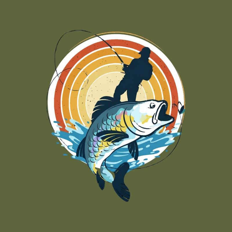 Pêcheur et poisson géant dans le cercle du soleil