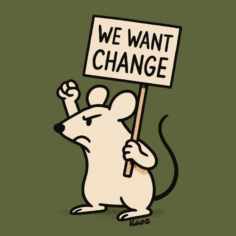 Protest mouse with sign: "We want change"