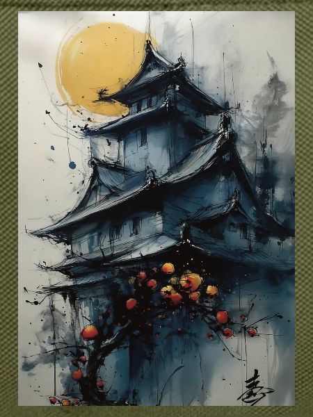 Pagode unter dem Mond in Aquarell