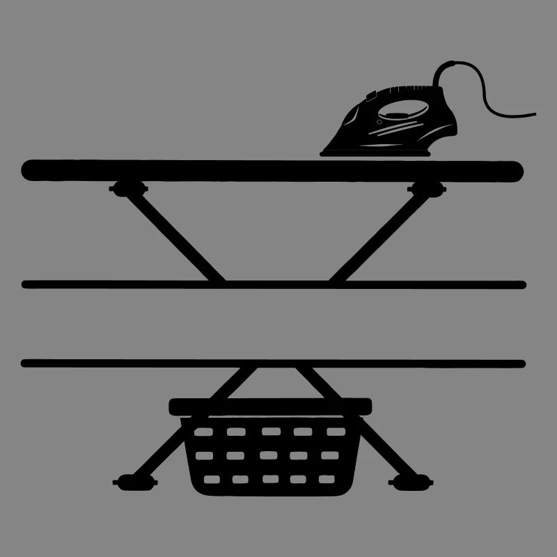 Iron, ironing board and laundry basket, text banner
