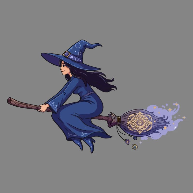 Witch on Broom in Magic Blue