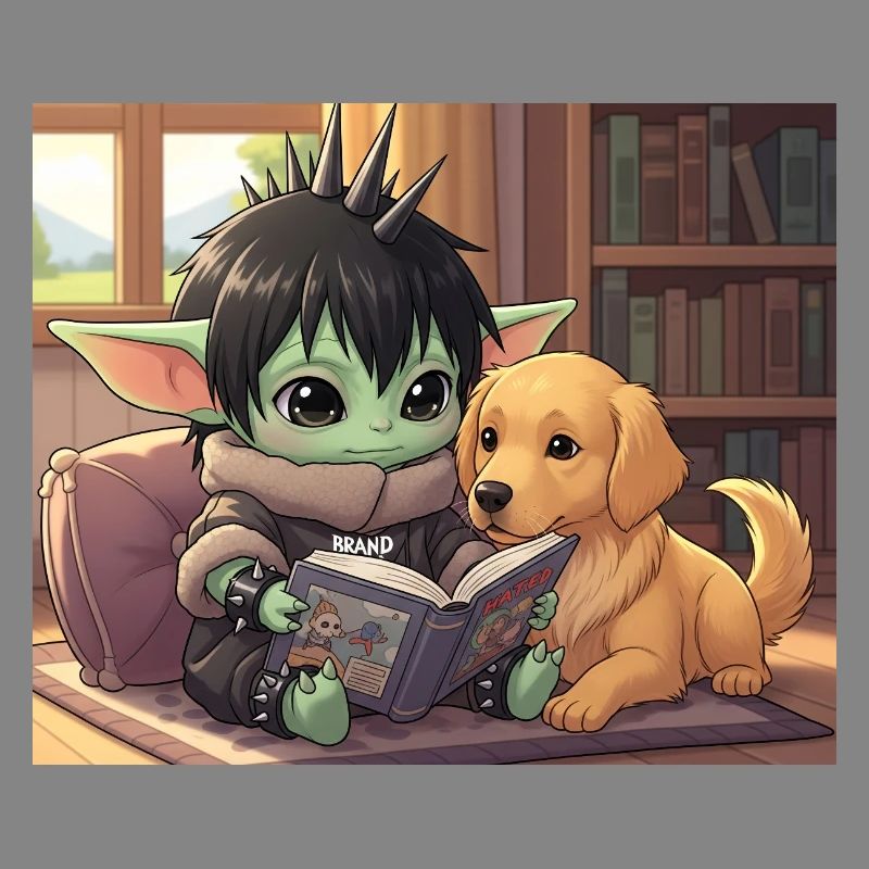 Kleiner Goblin mit Hund und Comic-Book