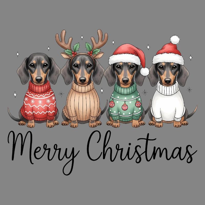 Vier Dackel, Dachshunde in Weihnachtspullover