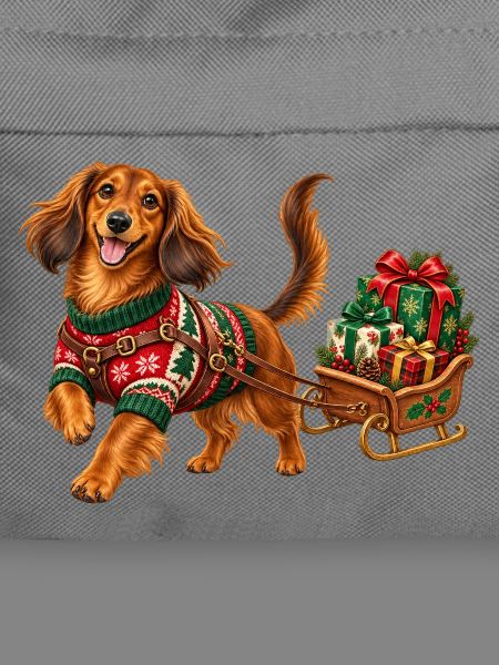 Weihnachtshund im Pullover mit Schlitten