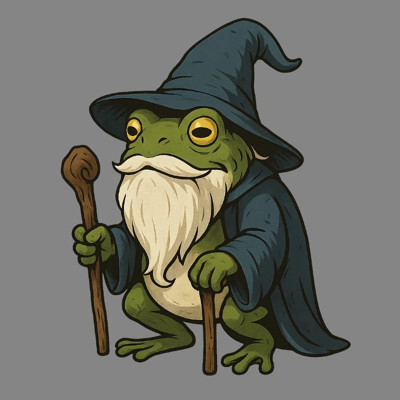 Wise bearded frog with magic hat