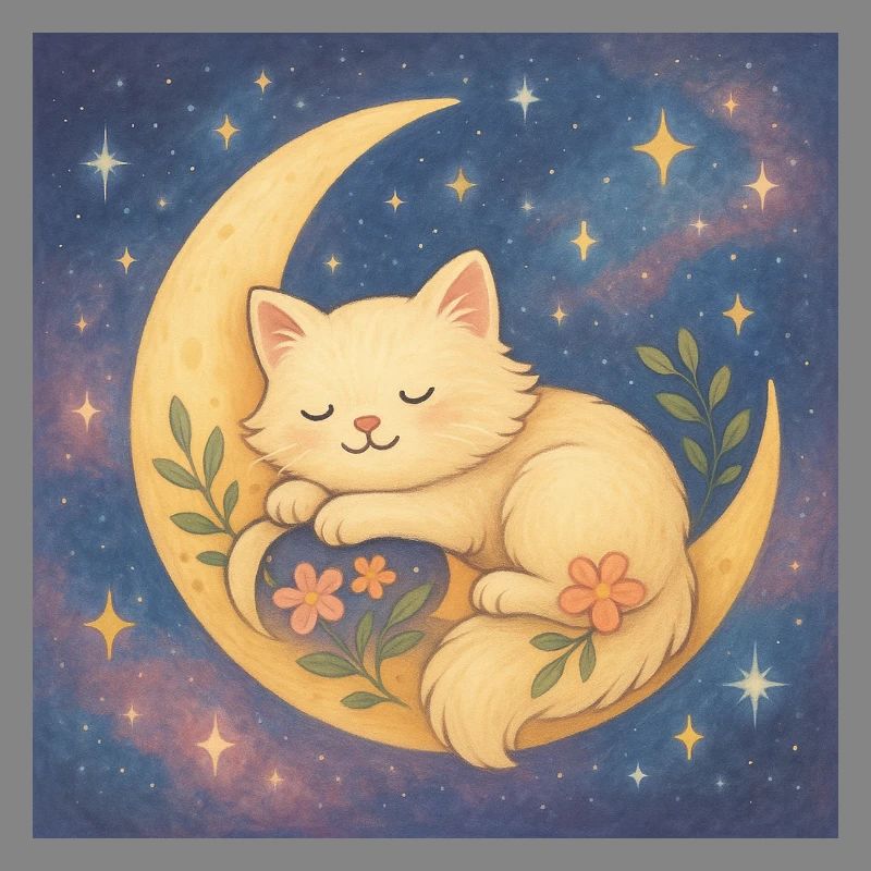 Sleeping cat on moon in starry sky
