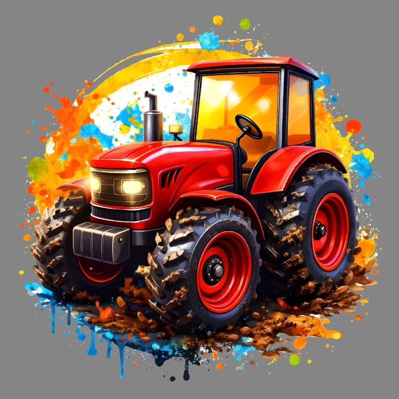 Red tractor with paint splashes