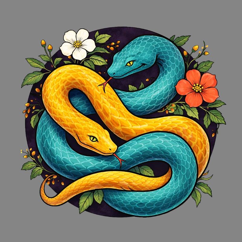 Two Python Snakes in Flower Ring