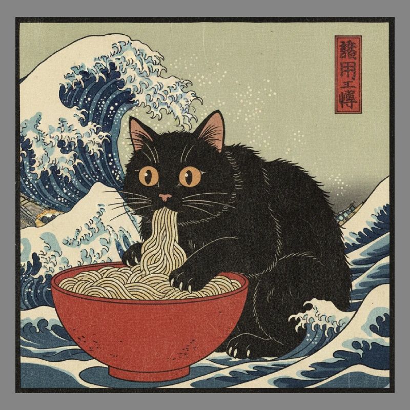 Japan Cat Ramen Noodles Retro Wave Pattern