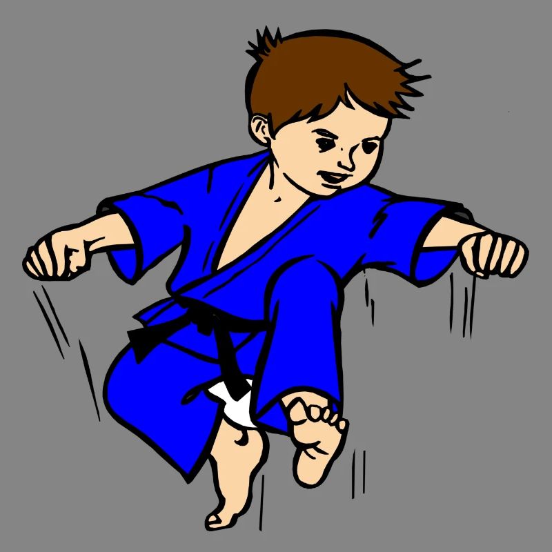 Blauer Anzug Karatekind oder Judokind mit schwarzem Gürtel
