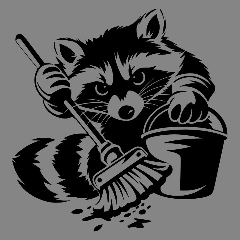 Waschbär mit Eimer & Mopp