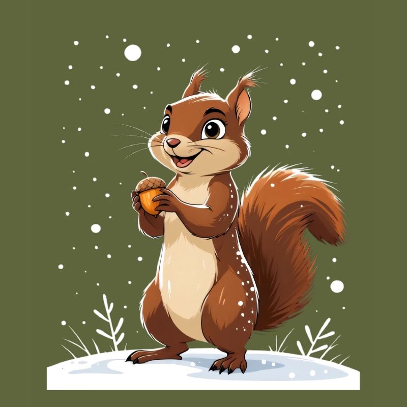 Winterliches Eichhörnchen mit Eichel