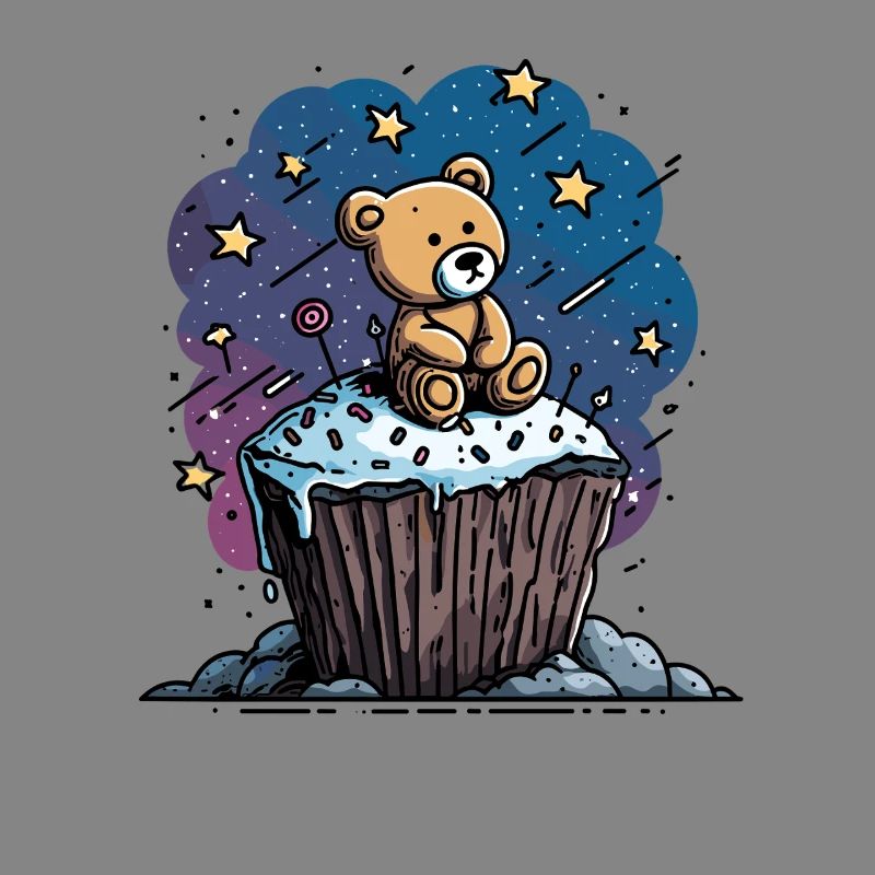 Cuddly bear on cupcake in space