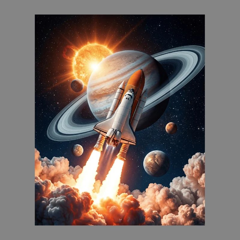 Rocket through Saturn's rings in space