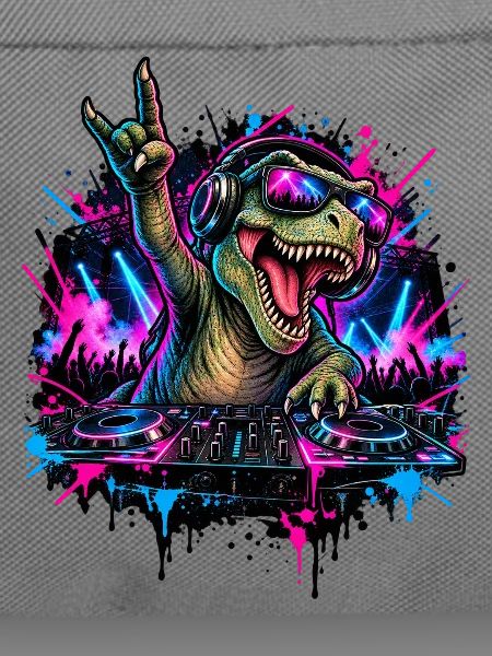 Techno Dinosaurier DJ mit Kopfhörern