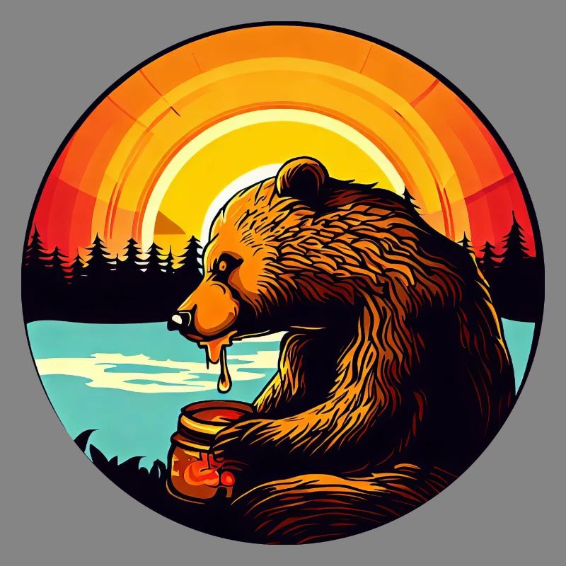 Bear eats honey at sunset