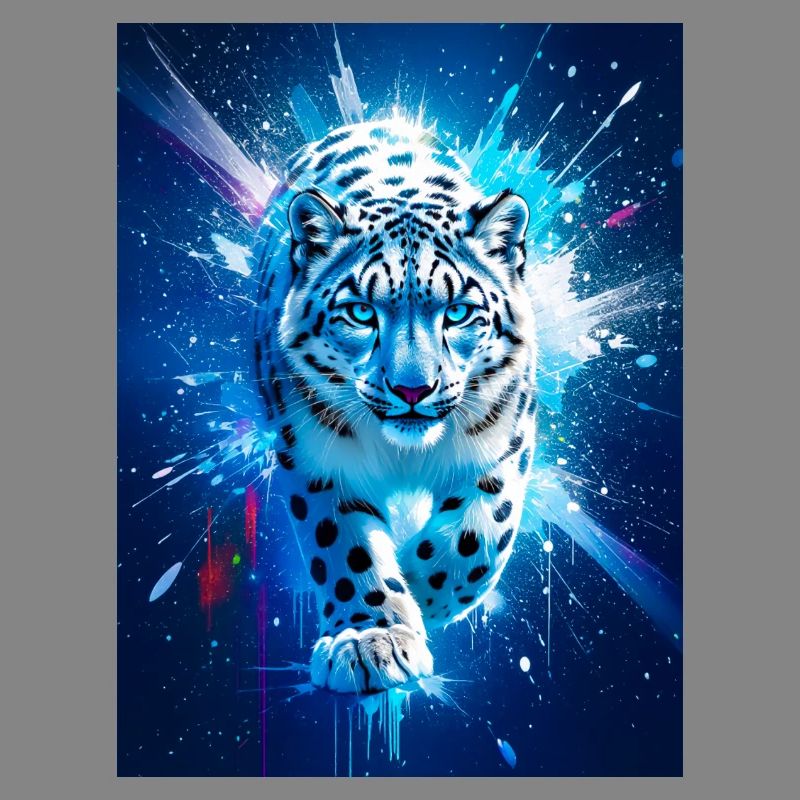 A snow leopard glows amid icy blue and silver star