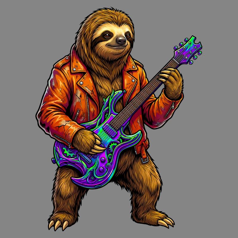 Faultier in Lederjacke mit Neon E-Gitarre