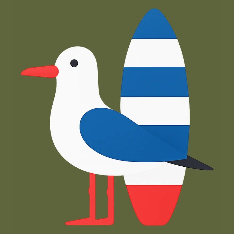 Seagull with surfboard
