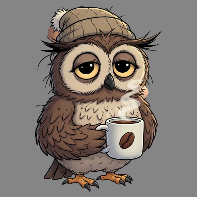 Verschlafene Eule Mit Kaffeetasse Cartoon
