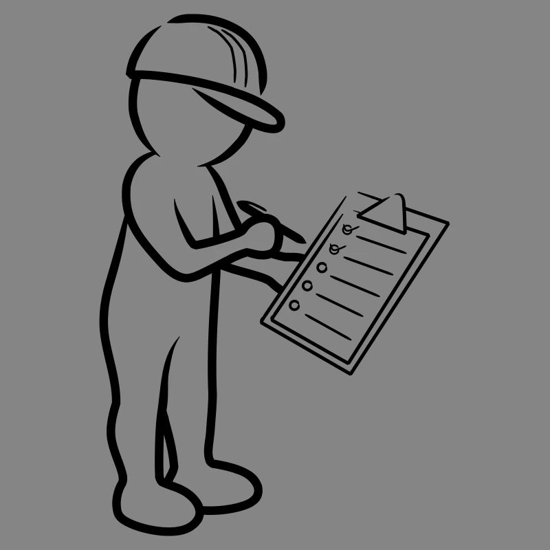 Männchen mit Helm und Checkliste auf Baustelle
