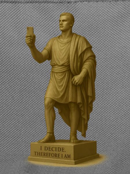 Antiker Philosophieroboter mit Smartphone