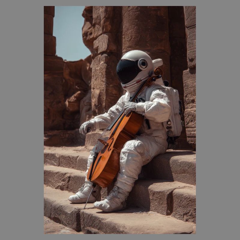 Astronaut with Cello on Ancient Steps