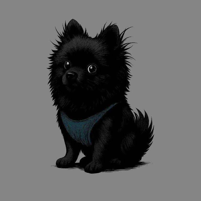 Schwarzer Spitz Hund mit blauer Weste