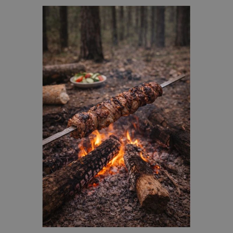 Brochette au feu de camp dans la forêt