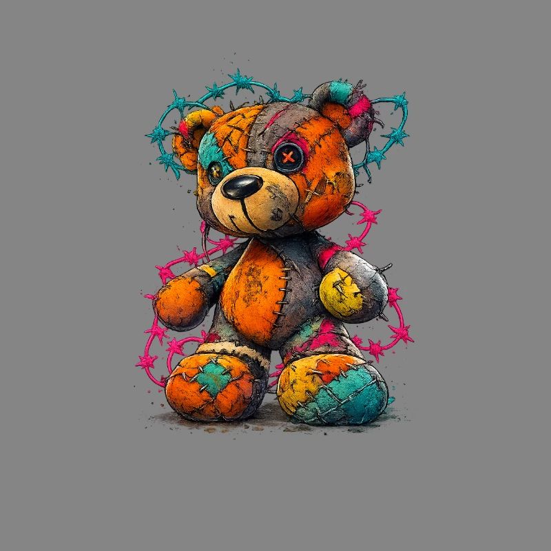 Patchwork teddy bear with neon threads