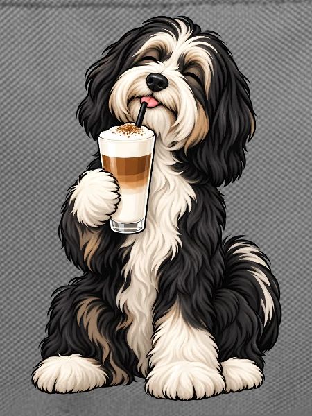 Tibet Terrier mit Latte Macchiato – Kaffeepause