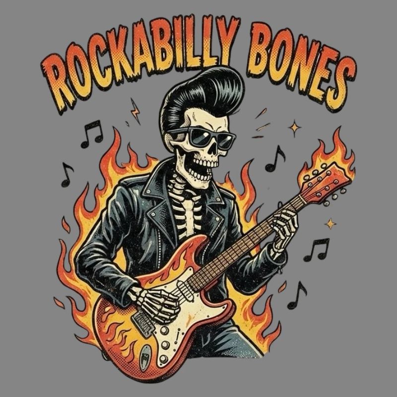 Rockabilly Bones – Squelette rétro de bande dessinée avec brûlure