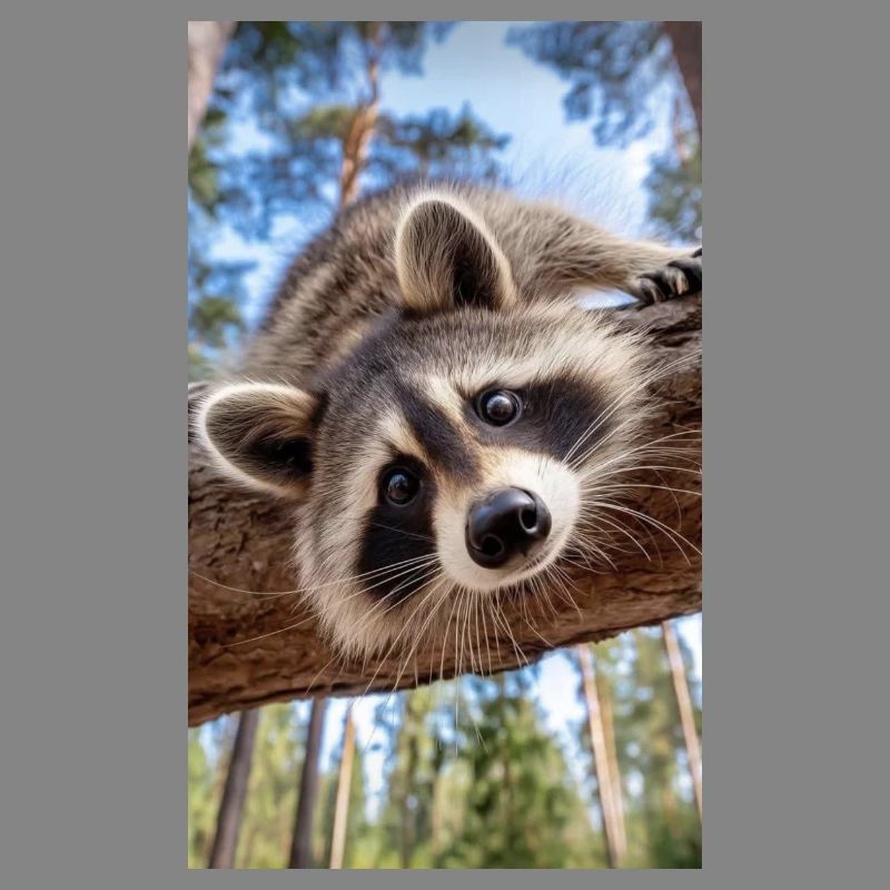Neugieriger Waschbär am Baumast