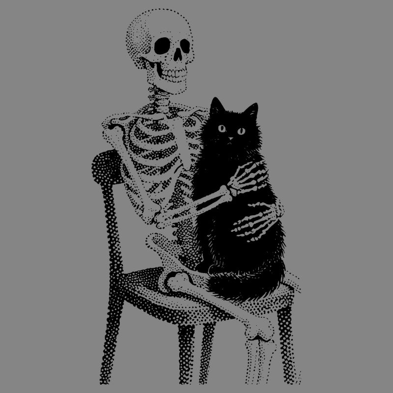 Skelett mit Katze auf Schoß