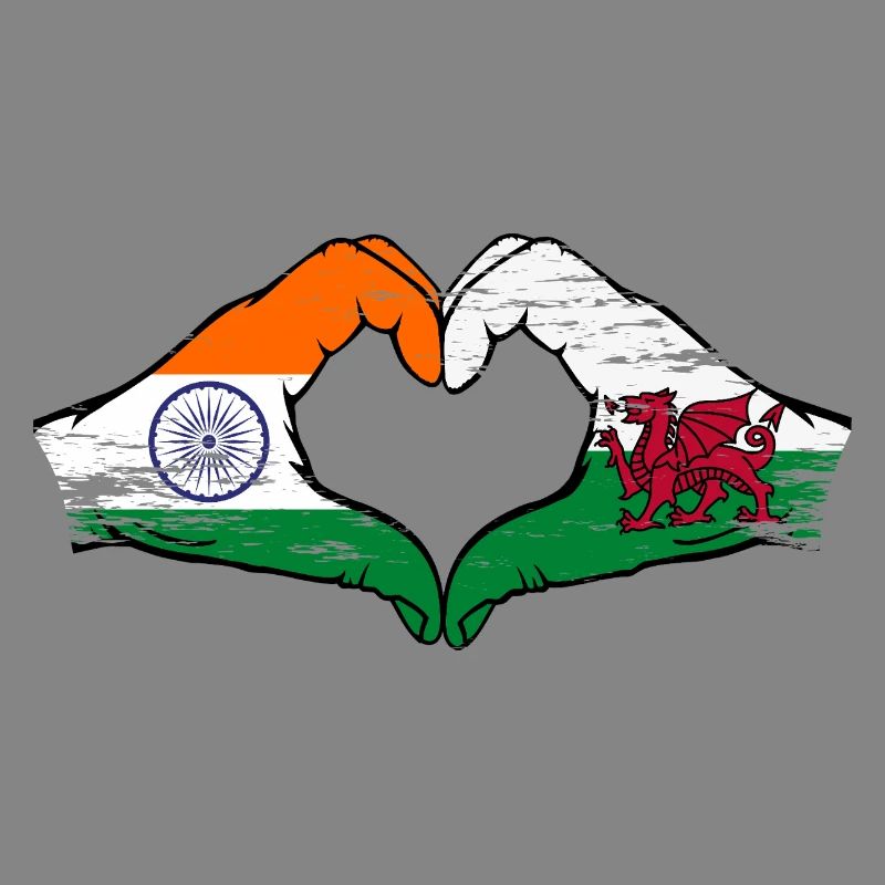 Drapeau de l’Inde Pays de Galles mains forme de coeur utilisé