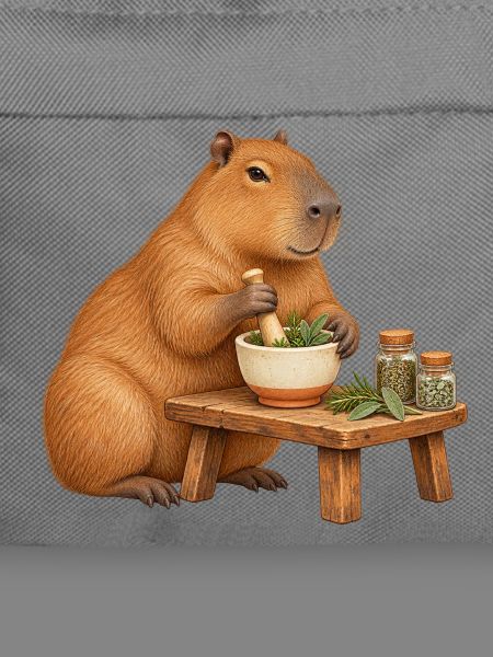 Capybara mischt Kräuter im Mörser