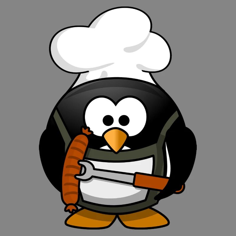 Kochender Pinguin mit Bratwurst. Geschenkidee