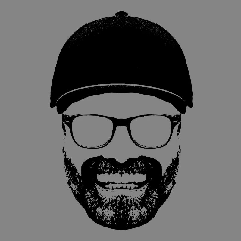 Funny grinning man baseball cap glasses beard teeth