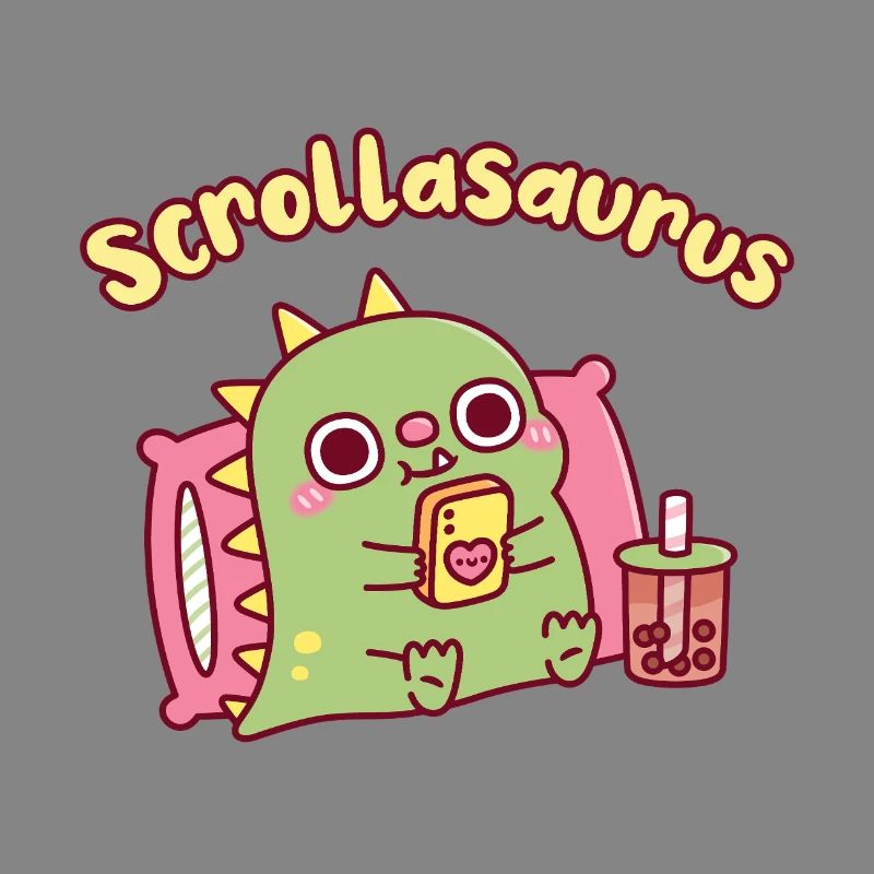 Niedlicher Scrollasaurus-Dinosaurier scrollt auf dem Handy