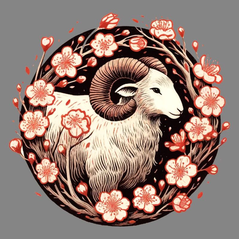 Crimson Ram Amid Blossoms