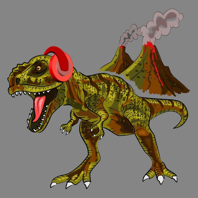 Dinosaurier mit Kopfhörern vor Vulkan