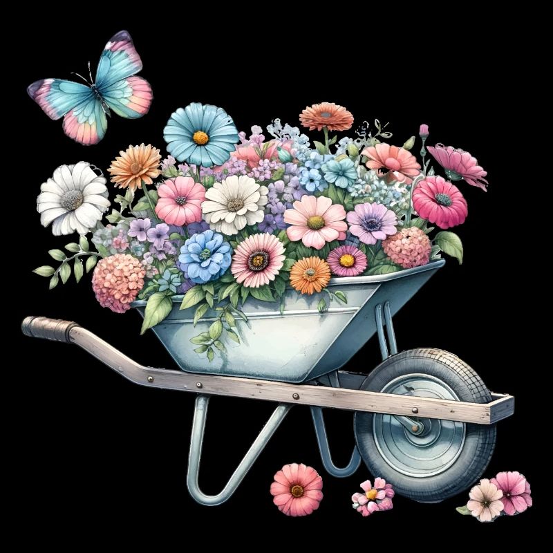 Wheelbarrow filled with pastel-colored flowers