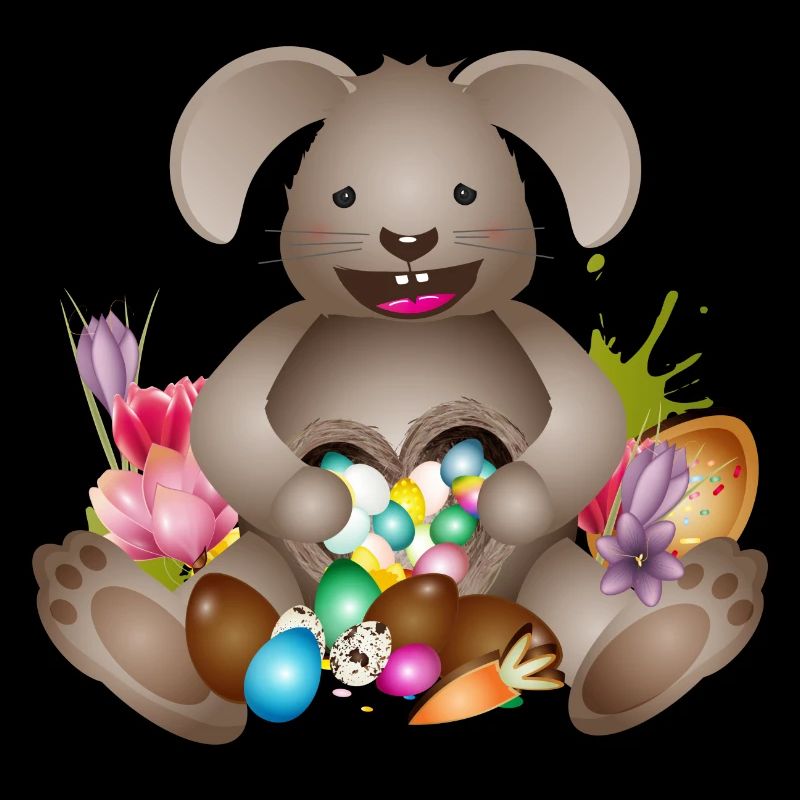 lapin de Pâques riant avec un nid de Pâques plein d’œufs de Pâques